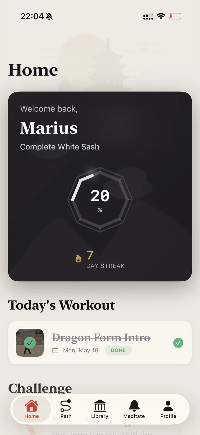 Startbildschirm der Mabu-App: Fortschritt, Streak und heutiges Workout.